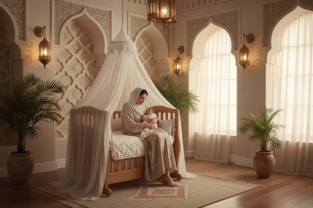 A woman wearing a hijab sits on a wooden crib holding her sleeping baby in a room decorated with arched windows, hanging lanterns, and potted plants.